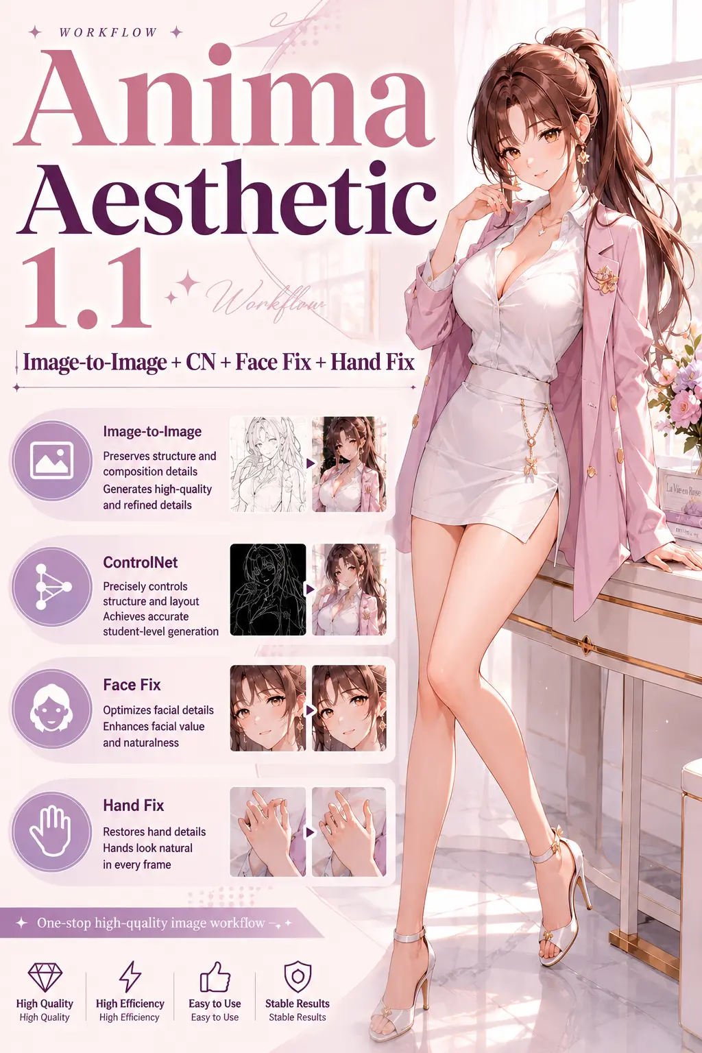 Anima Aesthetic 1.1 | I2I + CN + Face/Hand Fix
