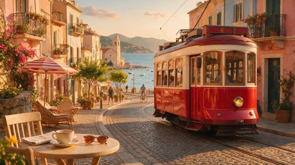 Coastal tram scene generated by Seedream 5.0 Pro