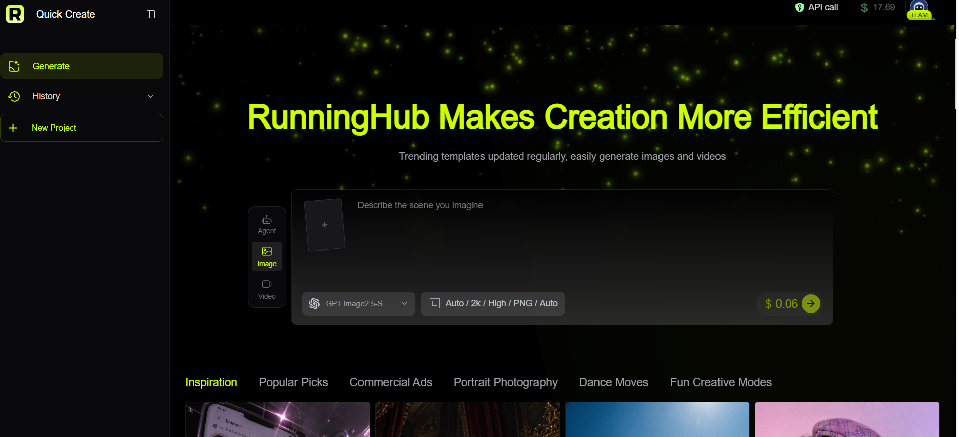 RunningHub Quick Create interface for AI image generation