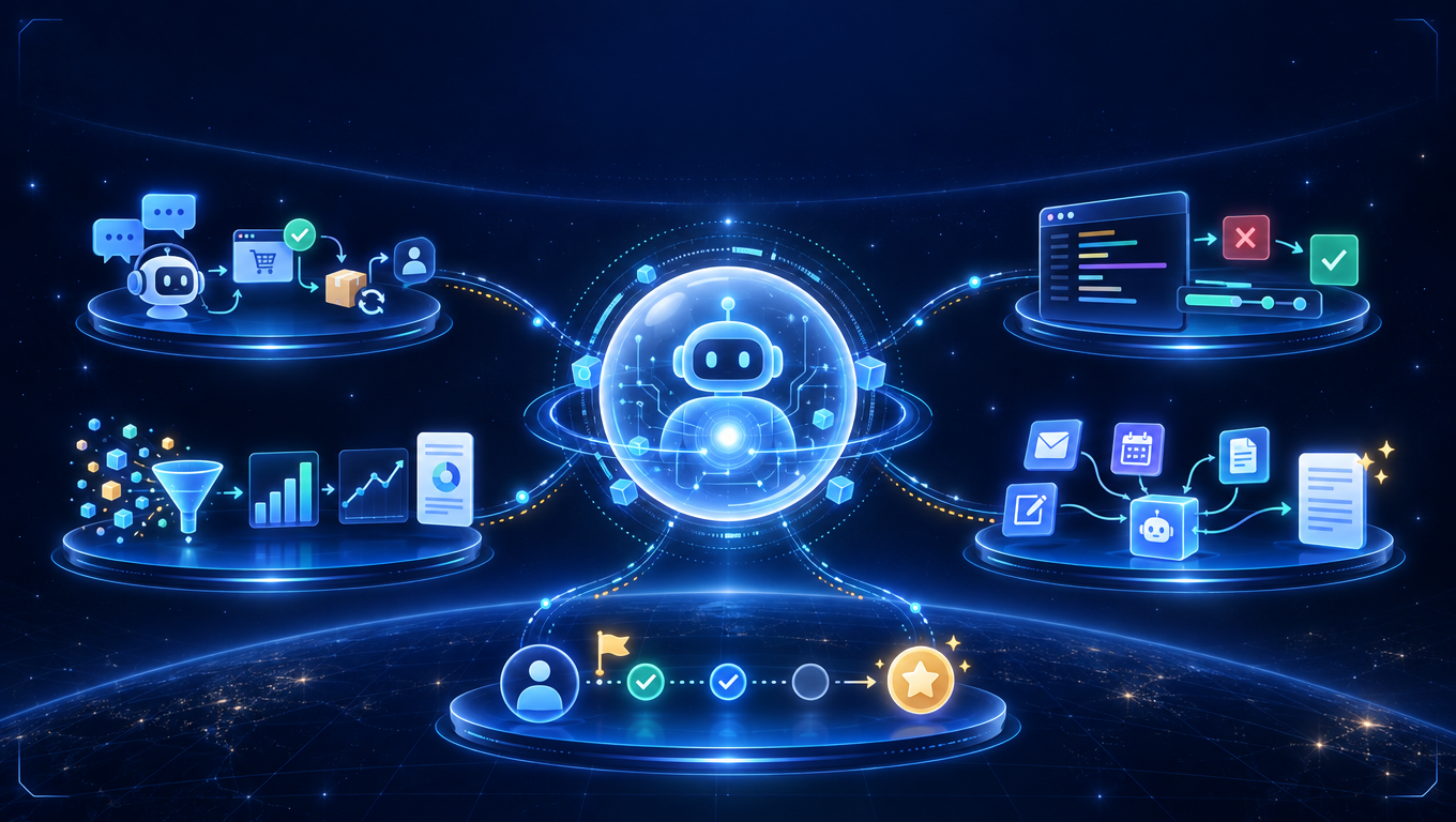 Futuristic AI agent visual, demonstrating real-world application scenarios of AI agents.