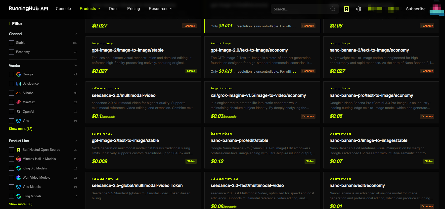 1. RunningHub All-Modal API pricing page, providing pay-as-you-go multi-model services for developers.