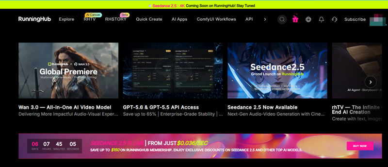 RunningHub homepage displaying video creation tools, enabling a closed-loop workflow from image to short drama.