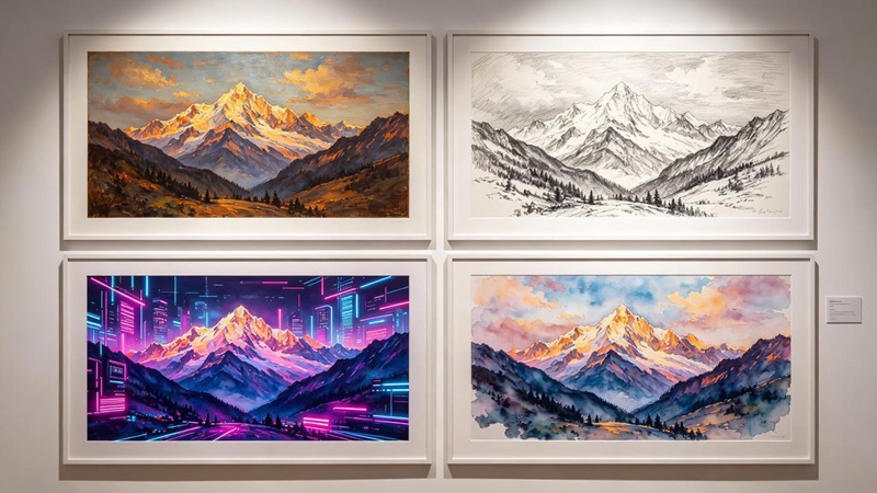 Style transfer: the same scene rendered in different artistic styles such as oil painting, sketch, cyberpunk, and watercolor