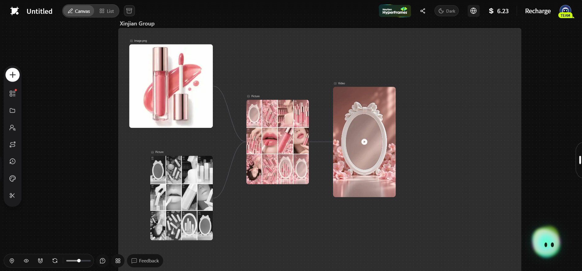 Pink beauty commercial frames showing lip-product application, packaging, and a decorative mirror.