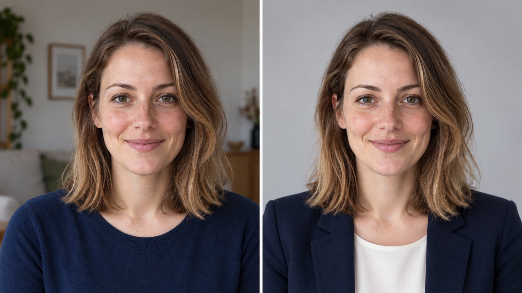 Casual portrait beside professional headshot, neutral background.