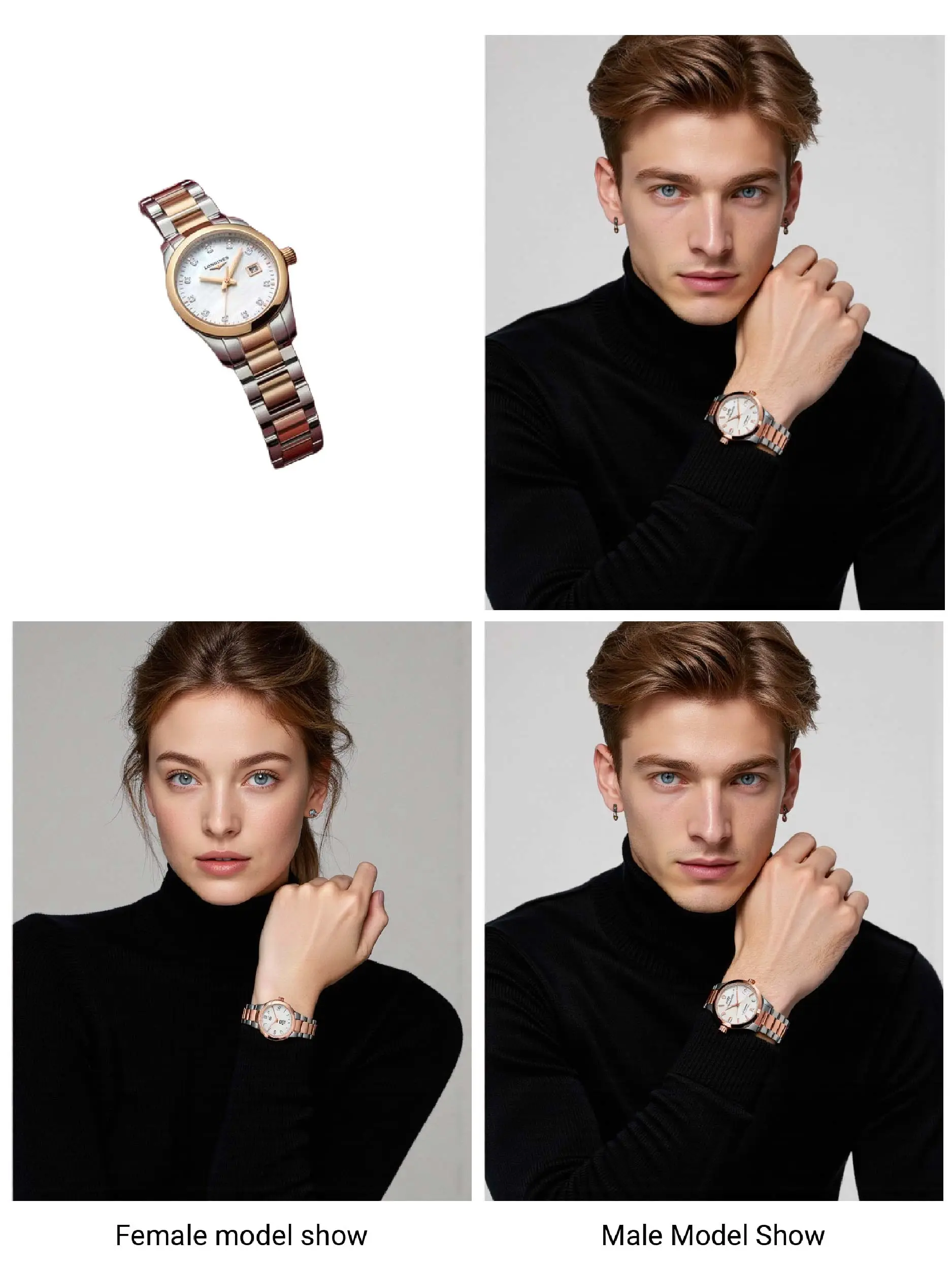 Accessories and watches to male and female model displays