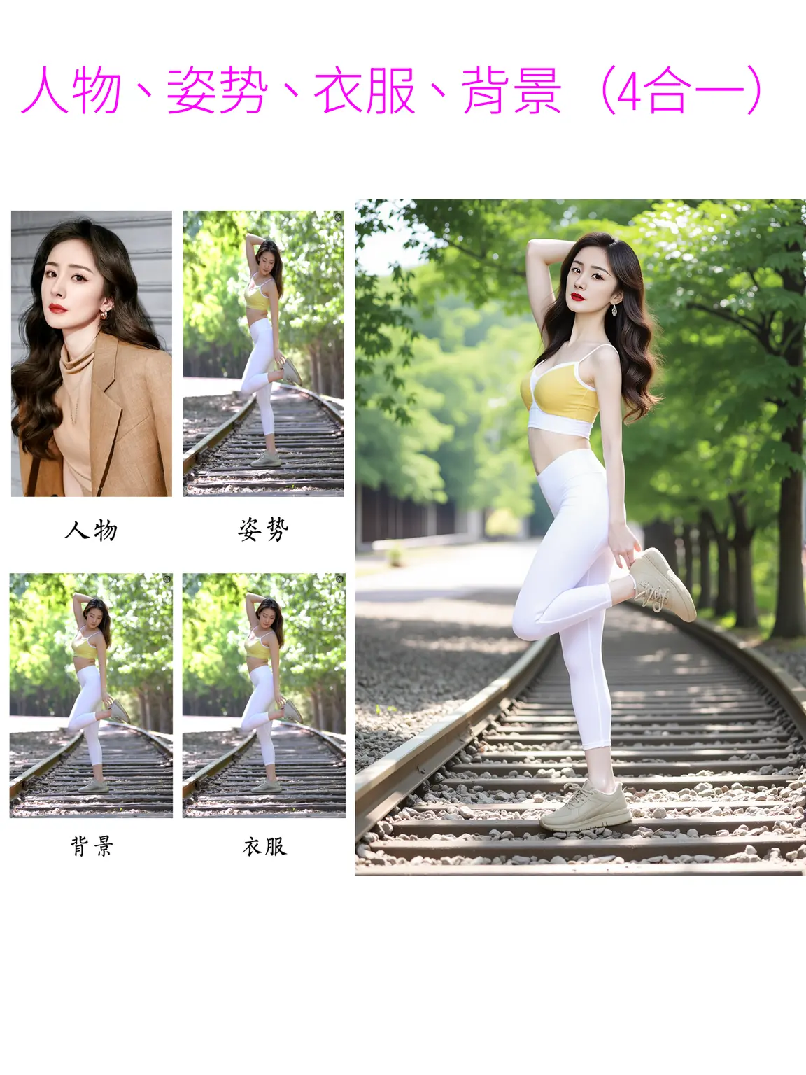 Character, pose, background, clothes, 4-in-1