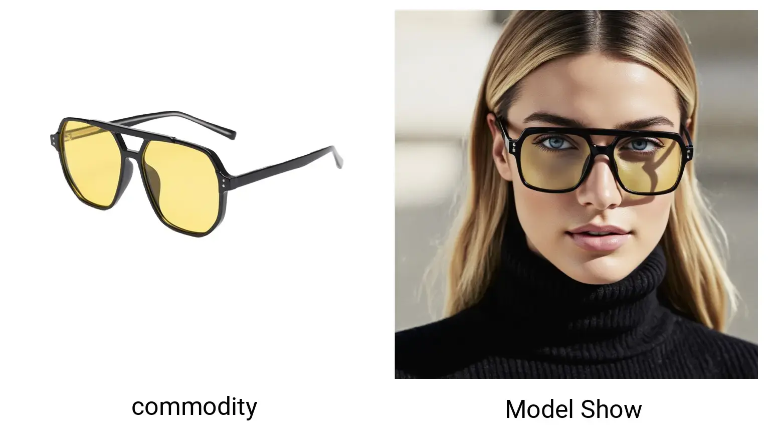 Accessories and glasses are displayed on AI models