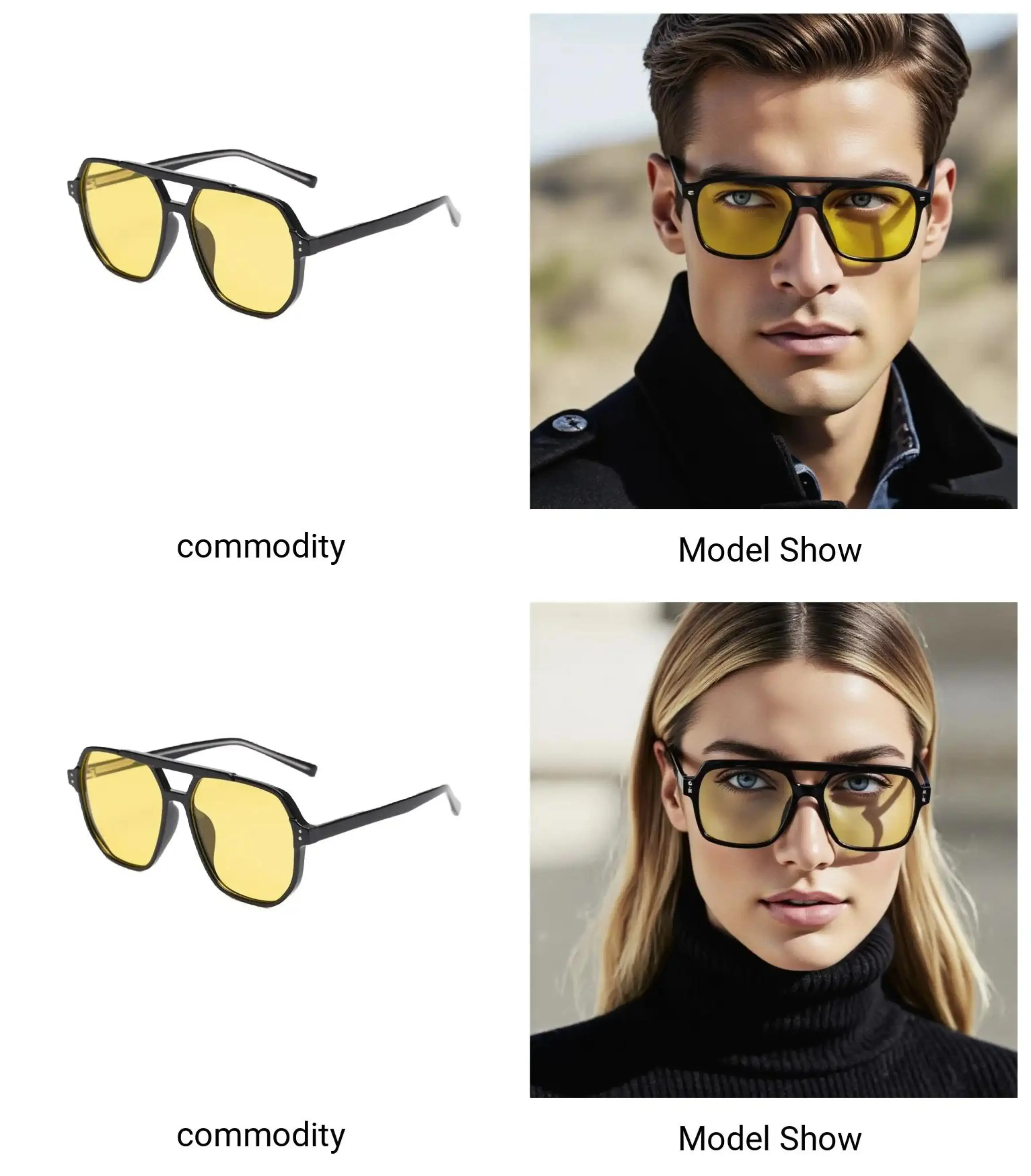 Accessories and glasses are displayed on AI models