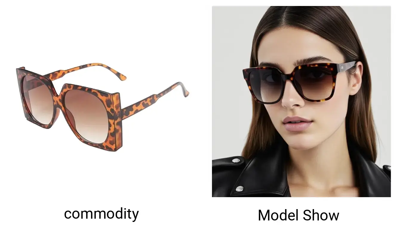 Accessories and glasses are displayed on AI models