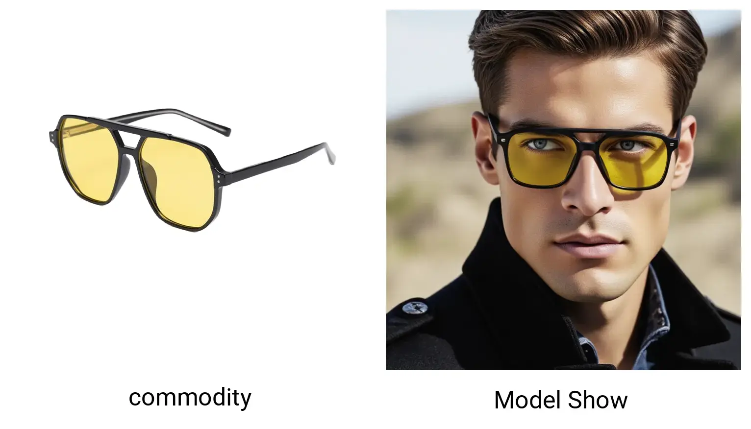 Accessories and glasses are displayed on AI models