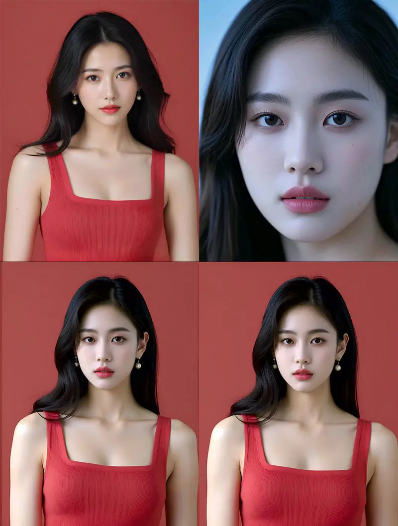 Face swapping with 100% similarity, HD enlargement for AI HD restoration, keep 2 photos: 1 with facial mole at 100% similarity, 2 with skin AI removal.