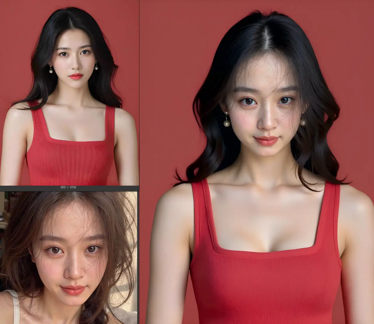 Face swapping with 100% similarity, HD enlargement for AI HD restoration, keep 2 photos: 1 with facial mole at 100% similarity, 2 with skin AI removal.