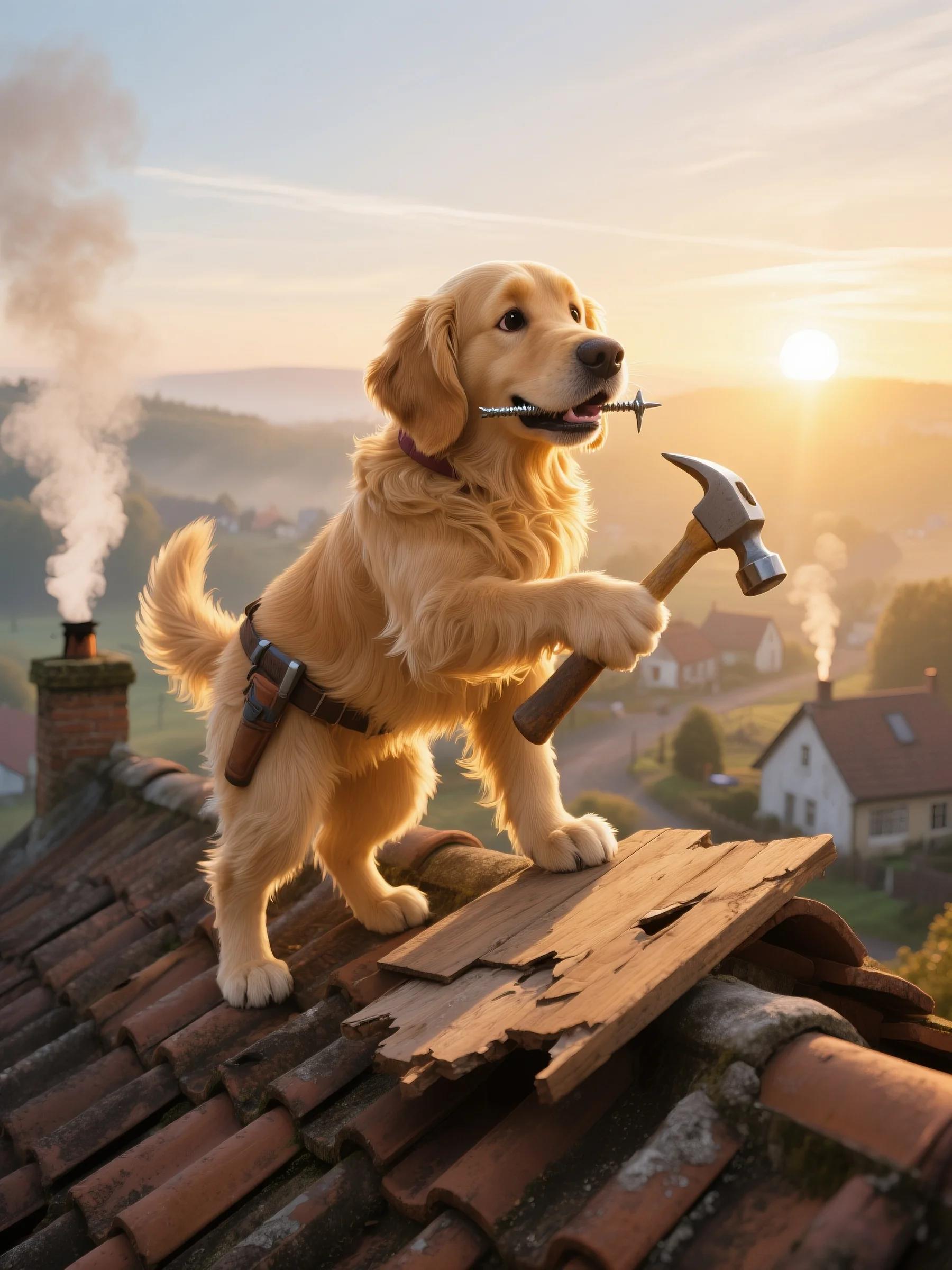 Anthropomorphic Golden Retriever Fat Orange Cat_ Cute pets' daily cooking routine