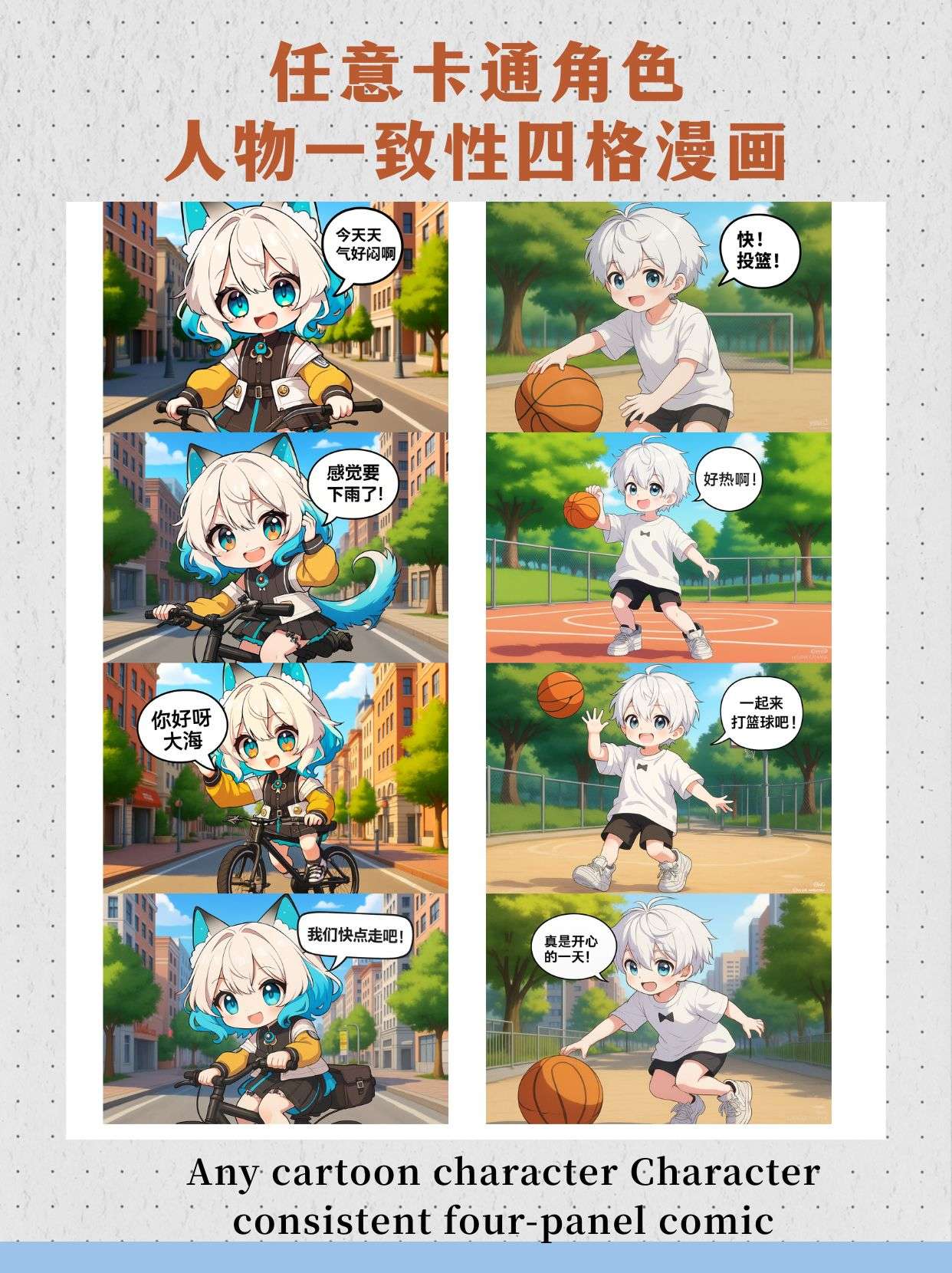 Any cartoon character Character consistency four-panel comic