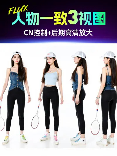 【Perfectly Realistic】FLUX IP Character Three-view Multi-angle CN Control Post-production High-definition Enlargement