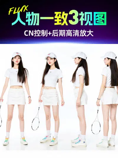 【Perfectly Realistic】FLUX IP Character Three-view Multi-angle CN Control Post-production High-definition Enlargement